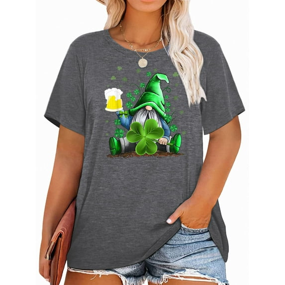 Anbech St. Patrick's Day Plus Size T-Shirts for Women Graphic Clover Print Short Sleeves T-Shirt Shamrock Oversize Tees with Round Neck