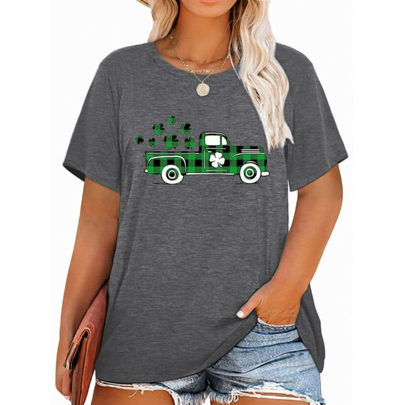 Anbech St. Patrick's Day Plus Size T-Shirts for Women Graphic Shamrock Car Plaid Print Short Sleeves T-Shirt Clover Tees with Round Neck