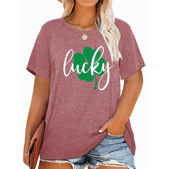 Anbech St. Patrick's Day Plus Size T-Shirts for Women Graphic Shamrock Lucky Print Short Sleeves T-Shirt Clover Tees with Round Neck