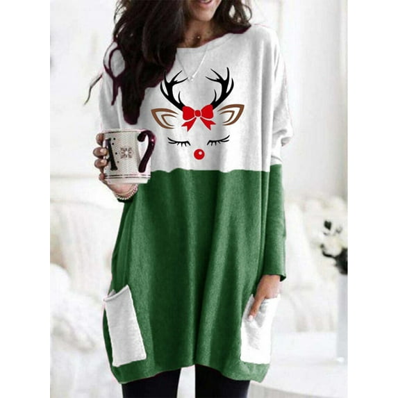 XCHQRTI Stitching Color Womens Sweatshirts With Pocket Merry Christmas Graphic Pullover Long Sleeve Mid Length Top
