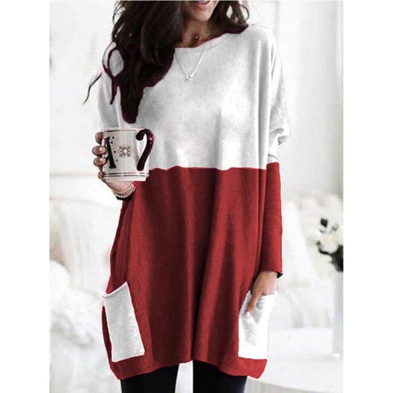 XCHQRTI Stitching Color Womens Sweatshirts With Pocket Merry Christmas Graphic Pullover Long Sleeve Mid Length Top