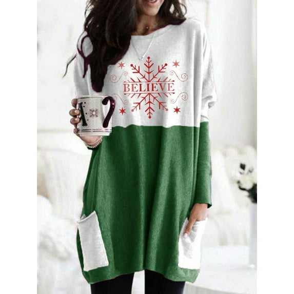 XCHQRTI Stitching Color Womens Sweatshirts With Pocket Merry Christmas Graphic Pullover Long Sleeve Mid Length Top