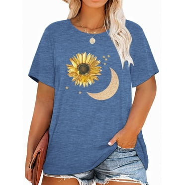Anbech Sunflower And Moon Plus Size T-Shirts for Women Graphic Sunflower with Moon Print Oversize Short Sleeves T-Shirt with Round Neck