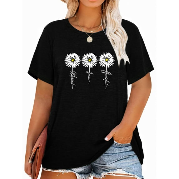 Anbech Sunflower Plus Size T-Shirts for Women Graphic Blessed Sunflower Print Oversize Short Sleeves T-Shirt with Round Neck