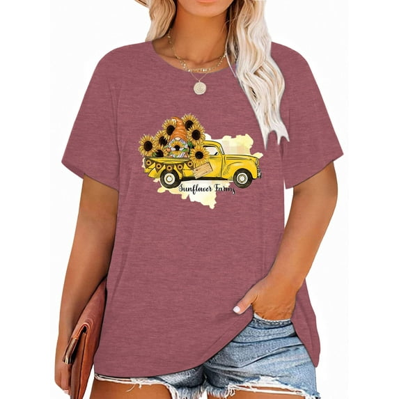 Anbech Sunflower Plus Size T-Shirts for Women Graphic Car with Sunflowers Print Oversize Short Sleeves T-Shirt with Round Neck