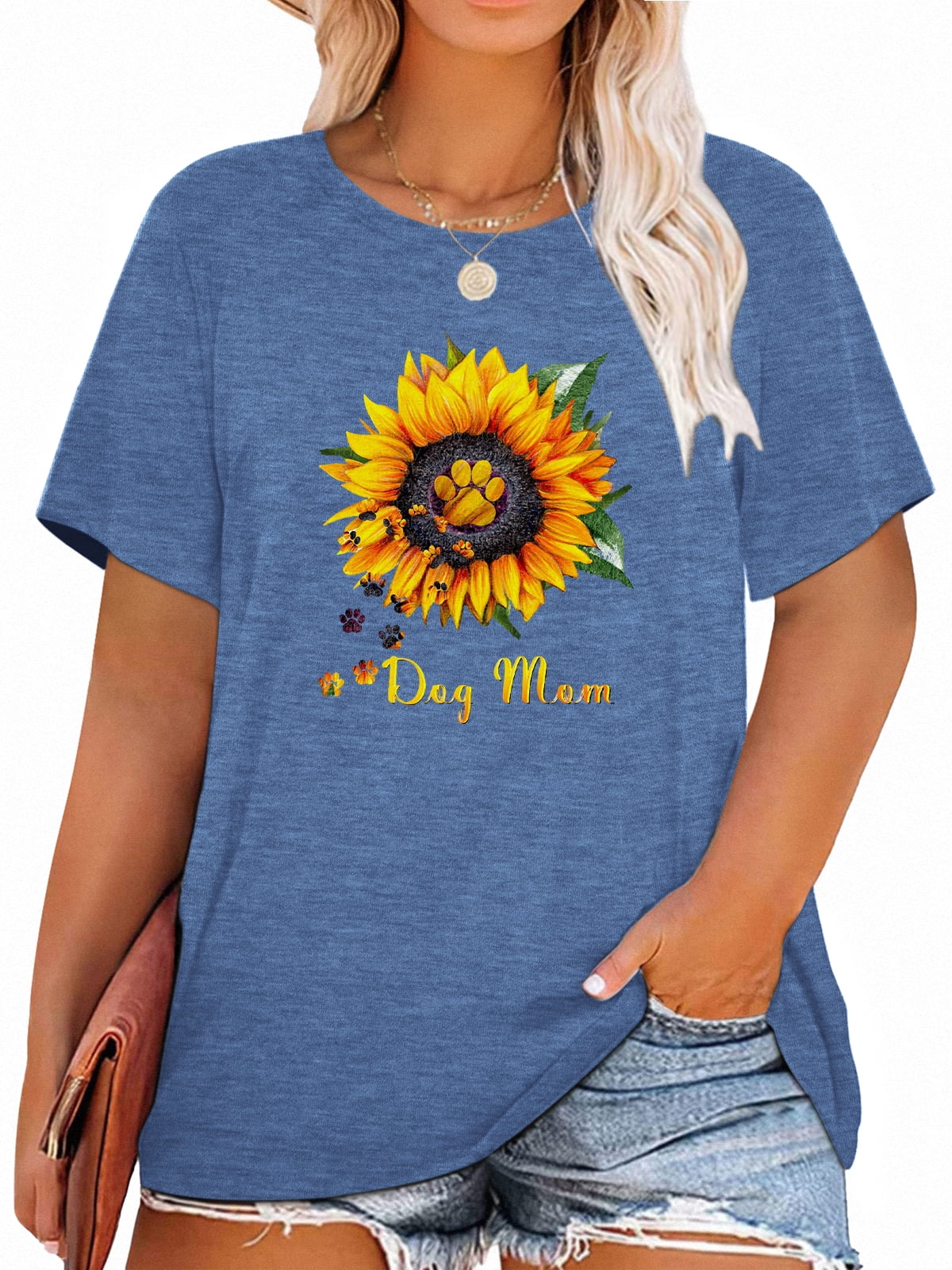 Anbech Sunflower Plus Size TShirts for Women Graphic Dog Mom Sunflower