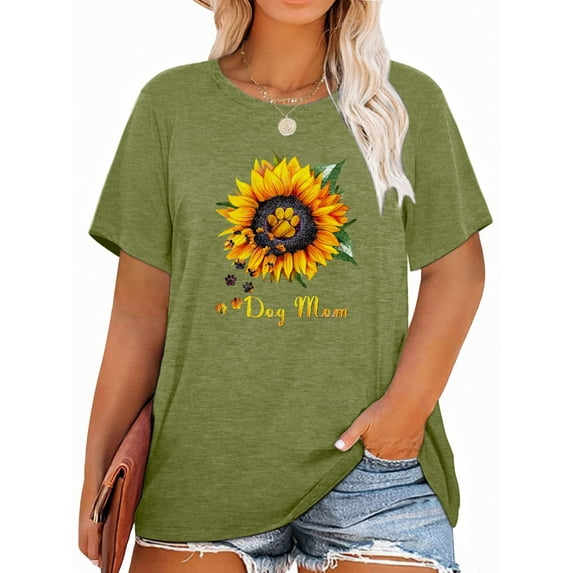 Anbech Sunflower Plus Size T-Shirts for Women Graphic Dog Mom Sunflower Print Oversize Short Sleeves T-Shirt with Round Neck