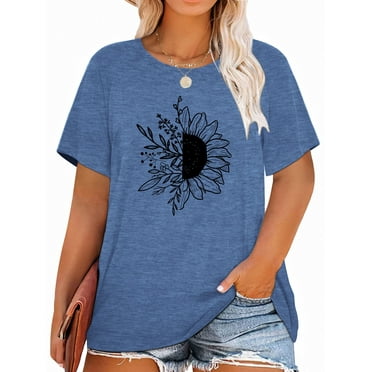 Anbech Sunflower Plus Size T-Shirts for Women Graphic Sunflower Print Oversize Short Sleeves T-Shirt with Round Neck