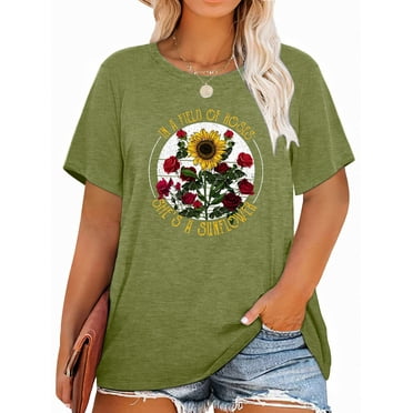 Anbech Sunflower Plus Size T-Shirts for Women Graphic Sunflower with Roses Print Oversize Short Sleeves T-Shirt with Round Neck