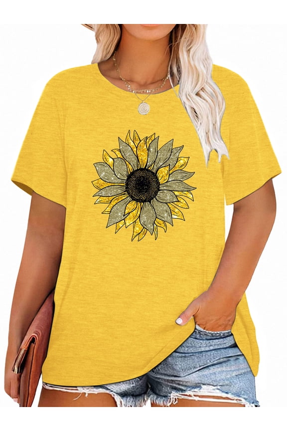 Sunflower Plus Size T-Shirts for Women Graphic Sunflowers Print Oversize Short Sleeves T-Shirt with Round Neck