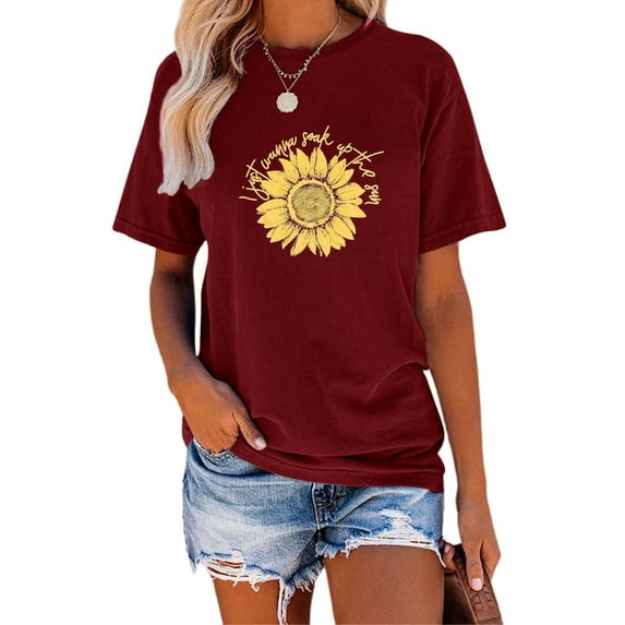 Anbech Sunflower Shirts for Women Graphic Tee Ladies Patriotic Tee Shirt Christian Top Short Sleeve