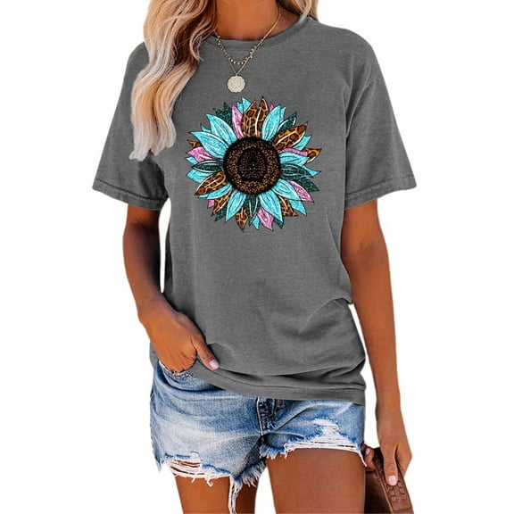 Anbech Sunflower Shirts for Women Graphic Tee Ladies Patriotic Tee Shirt Christian Top Short Sleeve