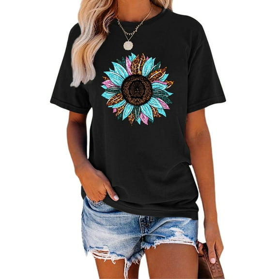 Anbech Sunflower Shirts for Women Graphic Tee Ladies Patriotic Tee Shirt Christian Top Short Sleeve