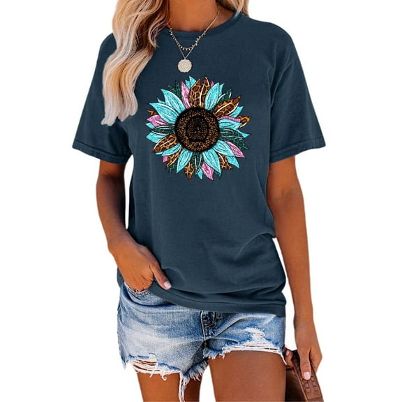 Anbech Sunflower Shirts for Women Graphic Tee Ladies Patriotic Tee Shirt Christian Top Short Sleeve