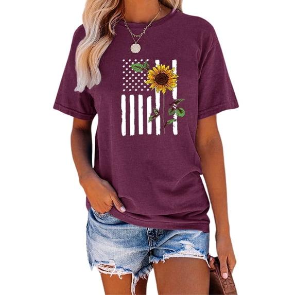 Anbech Sunflower Shirts for Women Graphic Tee Ladies Patriotic Tee Shirt Christian Top Short Sleeve