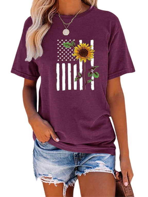 Sunflower Shirts for Women Graphic Tee Ladies Patriotic Tee Shirt Christian Top Short Sleeve