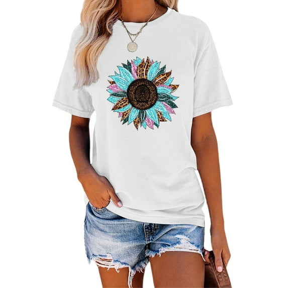 Anbech Sunflower Shirts for Women Graphic Tee Ladies Patriotic Tee Shirt Christian Top Short Sleeve