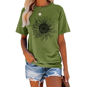 Anbech Sunflower Shirts for Women Graphic Tee Ladies Patriotic Tee Shirt Christian Top Short Sleeve