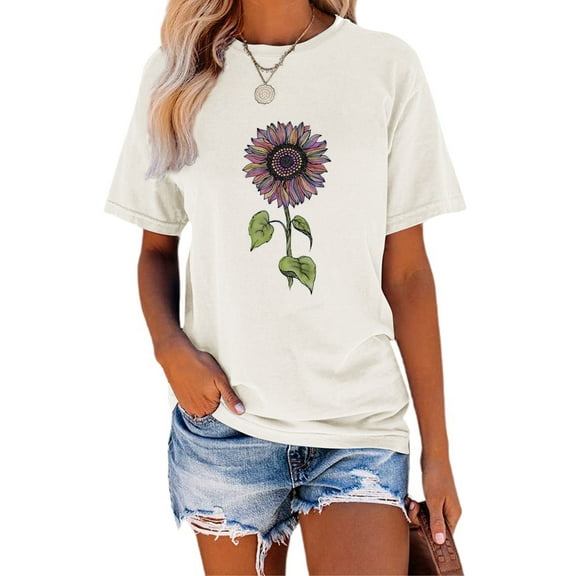 Anbech Sunflower Shirts for Women Graphic Tee Ladies Patriotic Tee Shirt Christian Top Short Sleeve