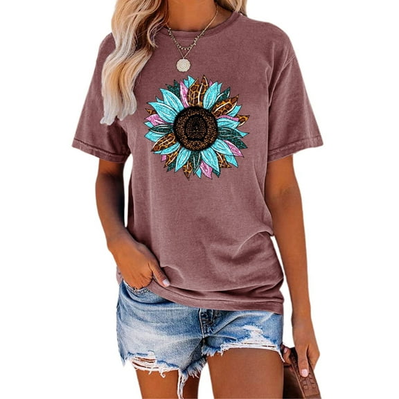 Anbech Sunflower Shirts for Women Graphic Tee Ladies Patriotic Tee Shirt Christian Top Short Sleeve