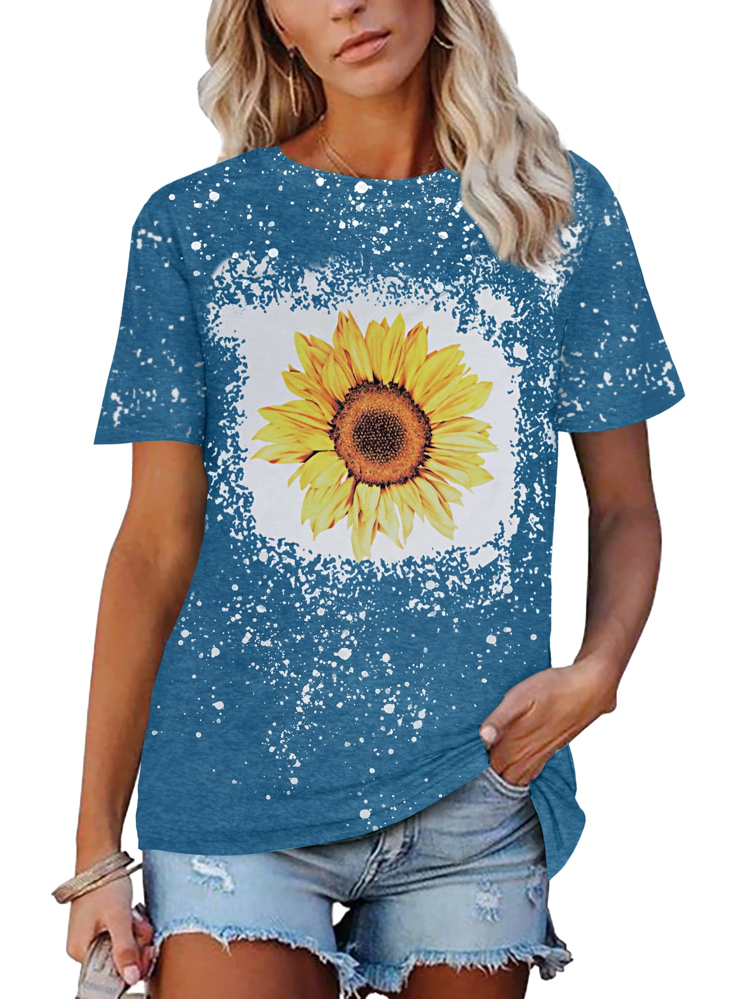 Anbech Sunflower Shirts for Women Short Sleeve Sunflower Top Ladies Graphic Tees Summer Tshirt