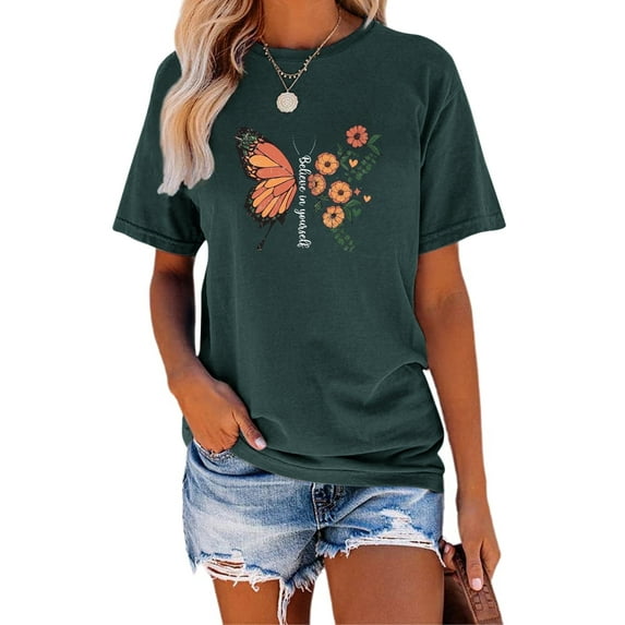 Anbech Sunflower T-Shirt for Women Graphic Butterfly Printed Short Sleeve Tee Tops with Crew Neck