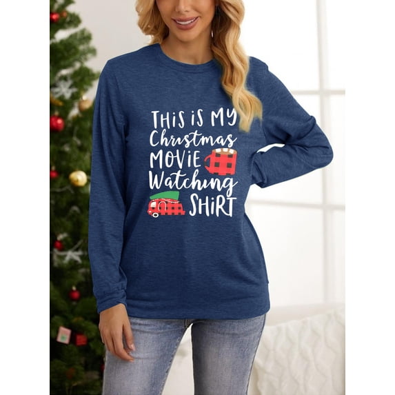 Anbech This is My Christmas Movie Watching Shirts for Women Long Sleeve Graphic Tee Shirt with Coffee Plaid Printed Tees