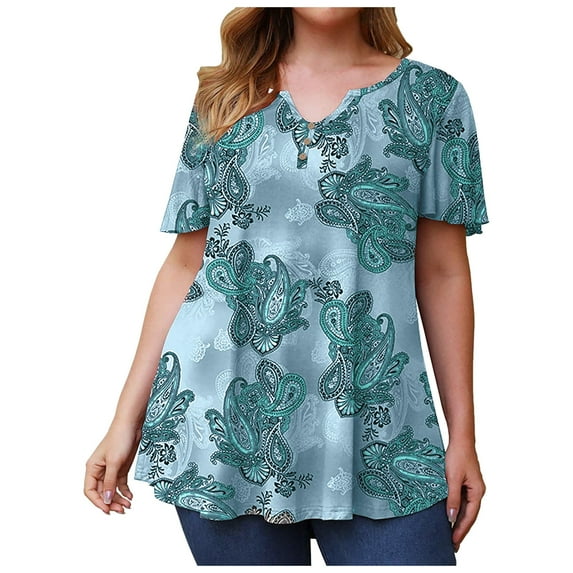 Anbech V Neck Floral Print Button Up Tunic Tshirt Women Plus size Casual Tee Tops