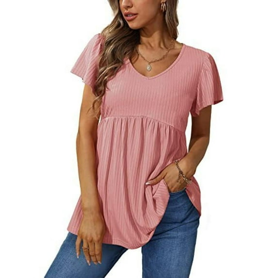 XCHQRTI V Neck Tunic Top Shirt Women Casual Loose Ruffled Short Sleeves Tshirt Tops