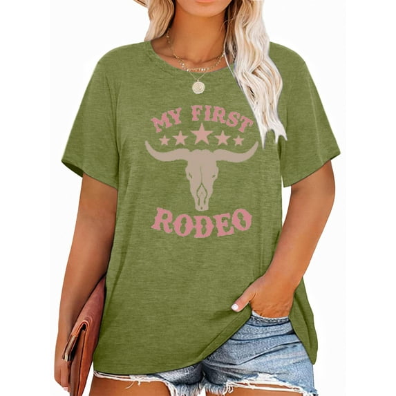Anbech Vintage 80s Plus Size T-Shirts for Women Graphic My First RODEO Print Short Sleeves T-Shirt with Round Neck