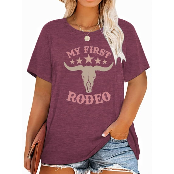 Anbech Vintage 80s Plus Size T-Shirts for Women Graphic My First RODEO Print Short Sleeves T-Shirt with Round Neck
