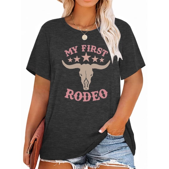 Anbech Vintage 80s Plus Size T-Shirts for Women Graphic My First RODEO Print Short Sleeves T-Shirt with Round Neck
