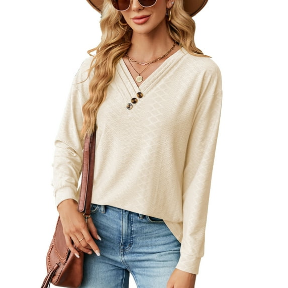 Anbech Vneck Women Solid Color Shirt Buttons Long Sleeve Blouse Casual Fashion Tops