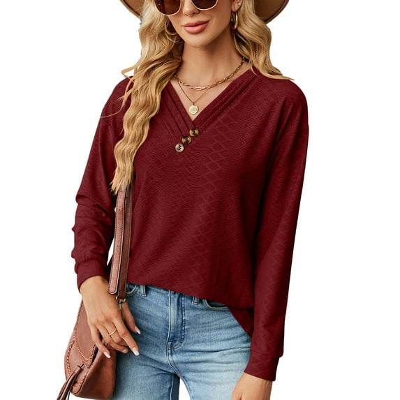 Anbech Vneck Women Solid Color Shirt Buttons Long Sleeve Blouse Casual Fashion Tops