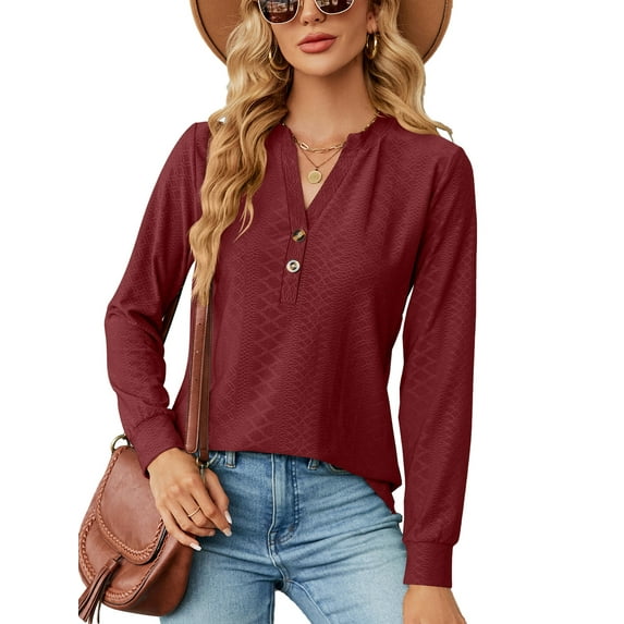 Anbech Vneck Women Solid Color Shirt Buttons Long Sleeve Blouse Casual Fashion Tops