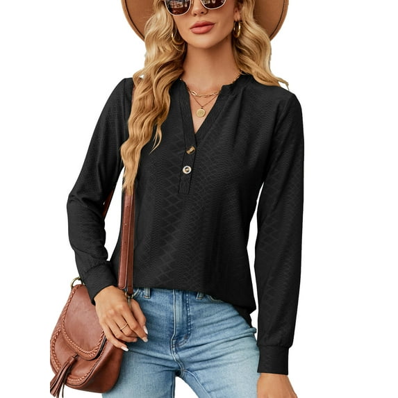 Anbech Vneck Women Solid Color Shirt Buttons Long Sleeve Blouse Casual Fashion Tops