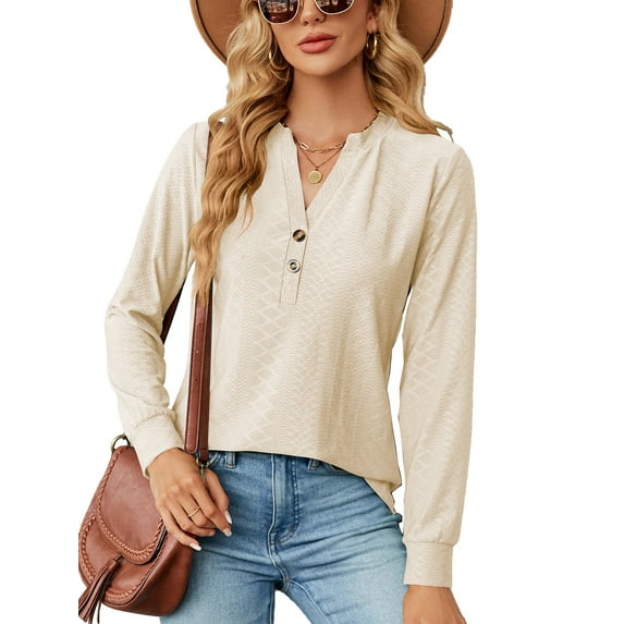 Anbech Vneck Women Solid Color Shirt Buttons Long Sleeve Blouse Casual Fashion Tops