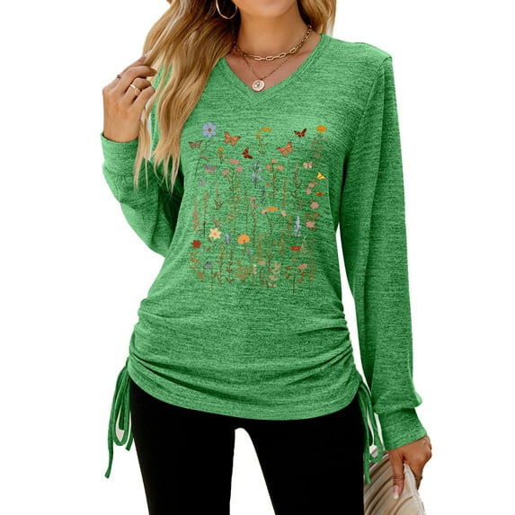 Anbech Wildflowers Women's Graphic T-Shirts V Neck Long Sleeve Shirt Drawstring Side Split Hem Tops