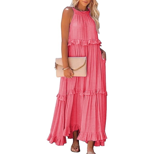 OSTOO Women's Boho Floral Maxi Dress - Sleeveless, Tiered, Flowy, Pink, Size Small, Summer Casual