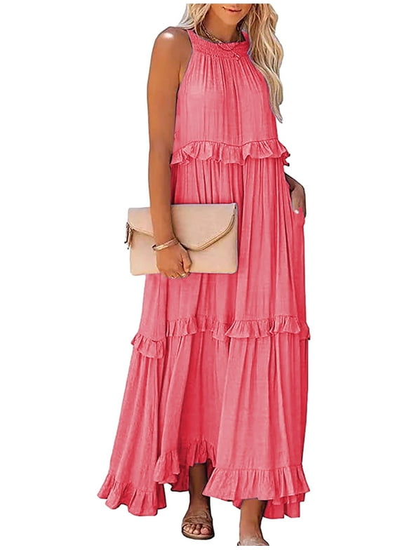 Anbech Women 2024 Ruffled Pleated Dress Flowy Long Sundress Sleeveless Boho Beach Party Dresses