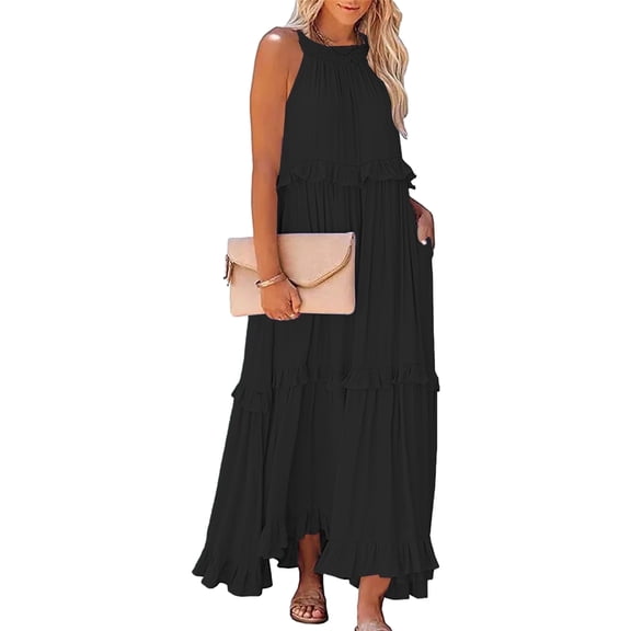 Anbech Women 2024 Ruffled Pleated Dress Flowy Long Sundress Sleeveless Boho Beach Party Dresses