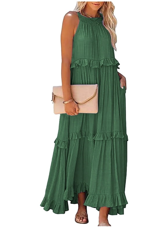 Anbech Women 2024 Ruffled Pleated Dress Flowy Long Sundress Sleeveless Boho Beach Party Dresses