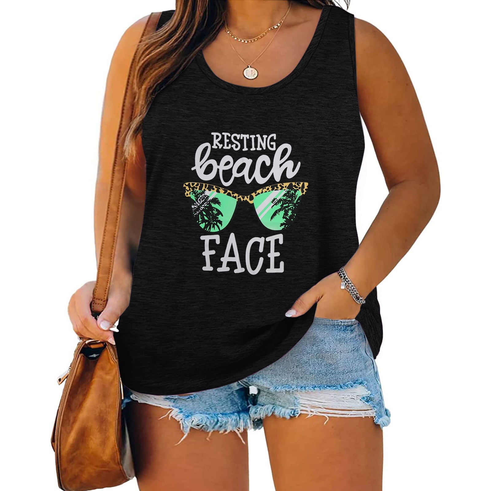 Anbech Women Beach Tank Top Cute Graphic Racerback Casual Sleeveless Vacation Plus Size Shirts Top