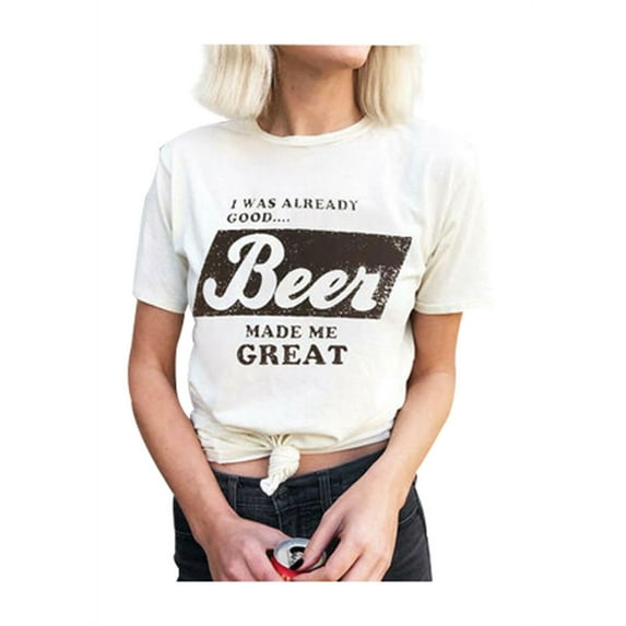 XCHQRTI Women Graphic Beer Tshirt Short Sleeve Letter Print Shirt