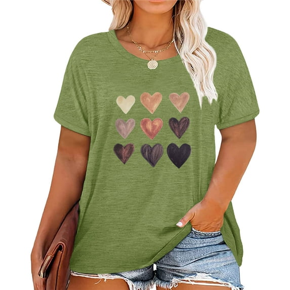 Anbech Women Heart Printed Plus Size T-Shirts Graphic LOVE Heart Print Short Sleeves Tees Cute Oversize T-Shirt with Round Neck