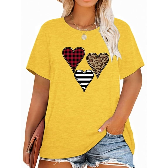 Anbech Women Heart Printed Plus Size T-Shirts Graphic LOVE Heart Print Short Sleeves Tees Cute Oversize T-Shirt with Round Neck