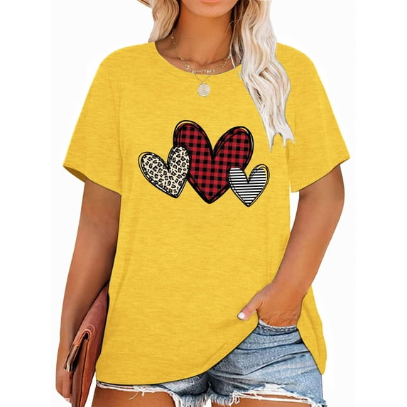 Anbech Women Heart Printed Plus Size T-Shirts Graphic LOVE Heart Print Short Sleeves Tees Cute Oversize T-Shirt with Round Neck