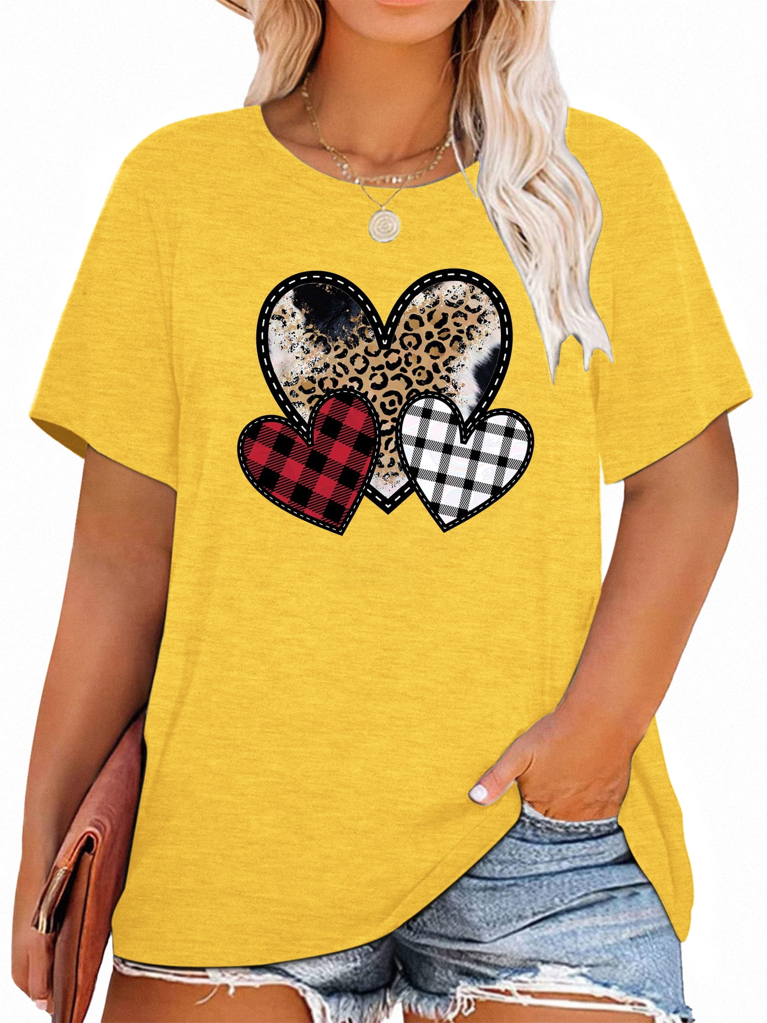 Anbech Women Heart Printed Plus Size TShirts Graphic LOVE Heart Print