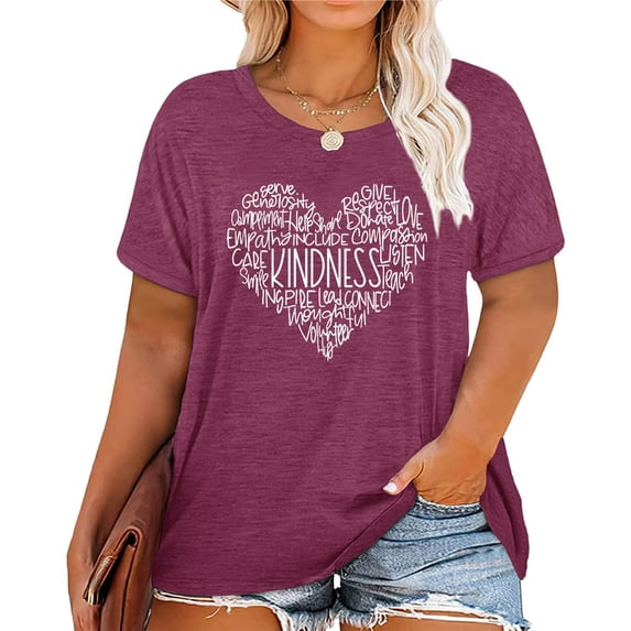 Anbech Women Heart Printed Plus Size T-Shirts Graphic LOVE Heart Print Short Sleeves Tees Cute Oversize T-Shirt with Round Neck