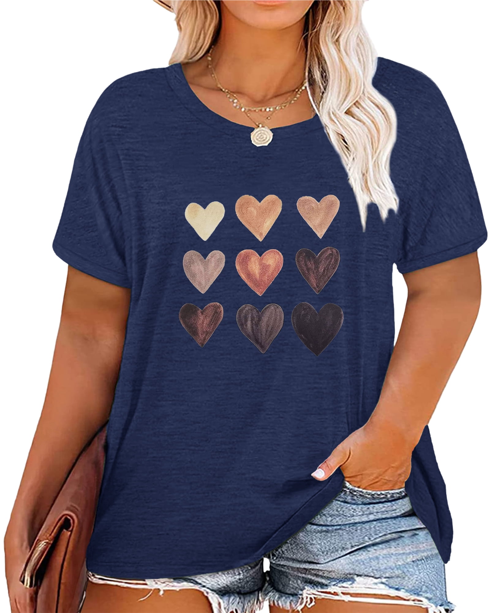 Anbech Women Heart Printed Plus Size TShirts Graphic LOVE Heart Print